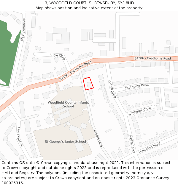 3, WOODFIELD COURT, SHREWSBURY, SY3 8HD: Location map and indicative extent of plot