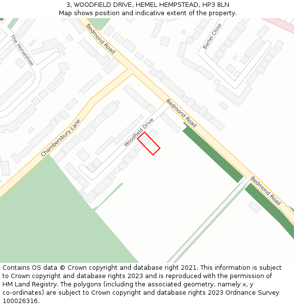 3, WOODFIELD DRIVE, HEMEL HEMPSTEAD, HP3 8LN: Location map and indicative extent of plot
