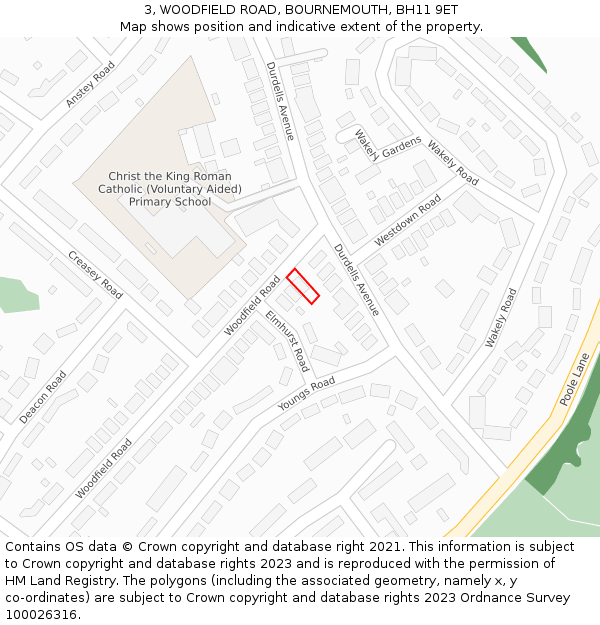 3, WOODFIELD ROAD, BOURNEMOUTH, BH11 9ET: Location map and indicative extent of plot