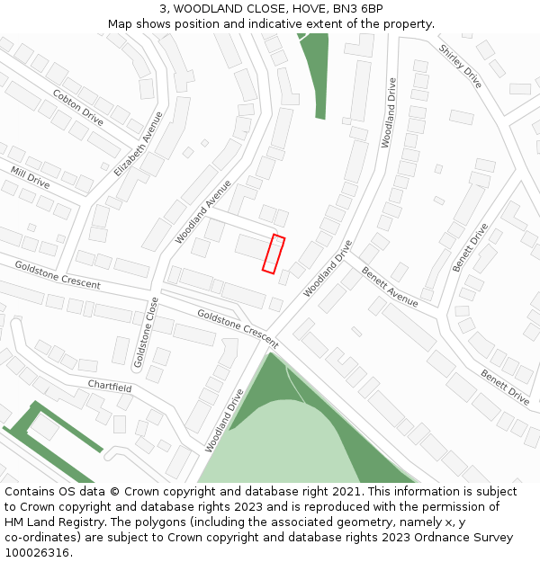 3, WOODLAND CLOSE, HOVE, BN3 6BP: Location map and indicative extent of plot