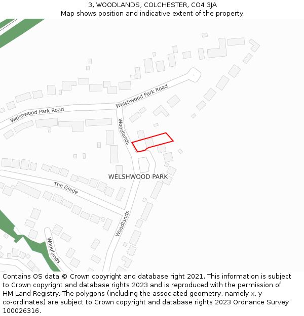 3, WOODLANDS, COLCHESTER, CO4 3JA: Location map and indicative extent of plot