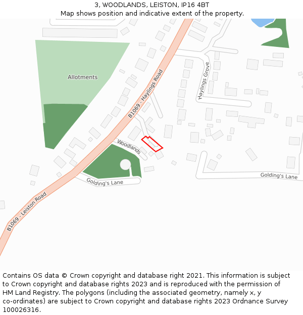 3, WOODLANDS, LEISTON, IP16 4BT: Location map and indicative extent of plot