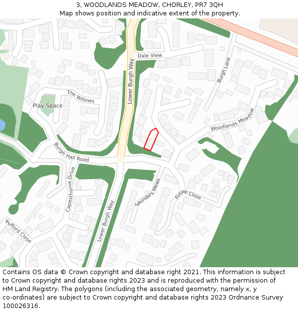 3, WOODLANDS MEADOW, CHORLEY, PR7 3QH: Location map and indicative extent of plot