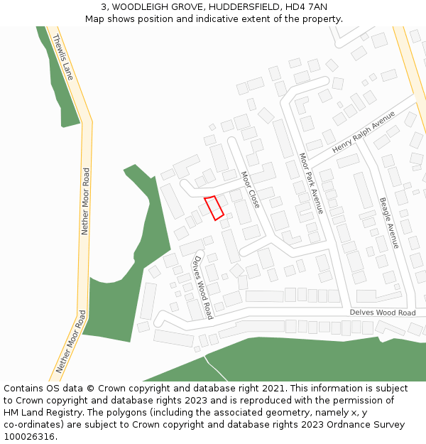 3, WOODLEIGH GROVE, HUDDERSFIELD, HD4 7AN: Location map and indicative extent of plot