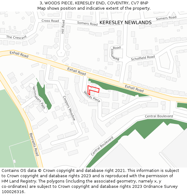 3, WOODS PIECE, KERESLEY END, COVENTRY, CV7 8NP: Location map and indicative extent of plot