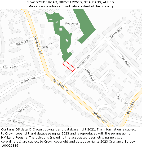 3, WOODSIDE ROAD, BRICKET WOOD, ST ALBANS, AL2 3QL: Location map and indicative extent of plot