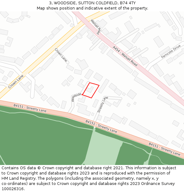 3, WOODSIDE, SUTTON COLDFIELD, B74 4TY: Location map and indicative extent of plot