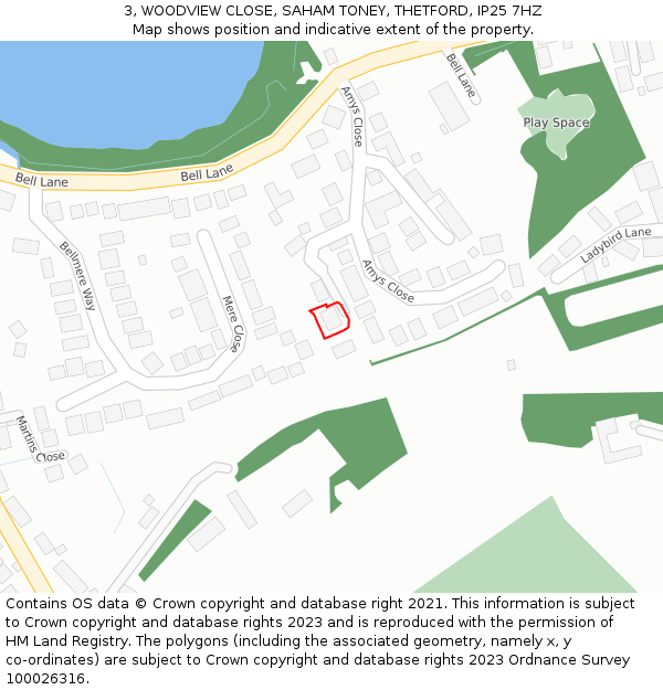 3, WOODVIEW CLOSE, SAHAM TONEY, THETFORD, IP25 7HZ: Location map and indicative extent of plot