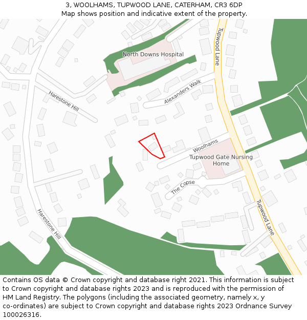 3, WOOLHAMS, TUPWOOD LANE, CATERHAM, CR3 6DP: Location map and indicative extent of plot