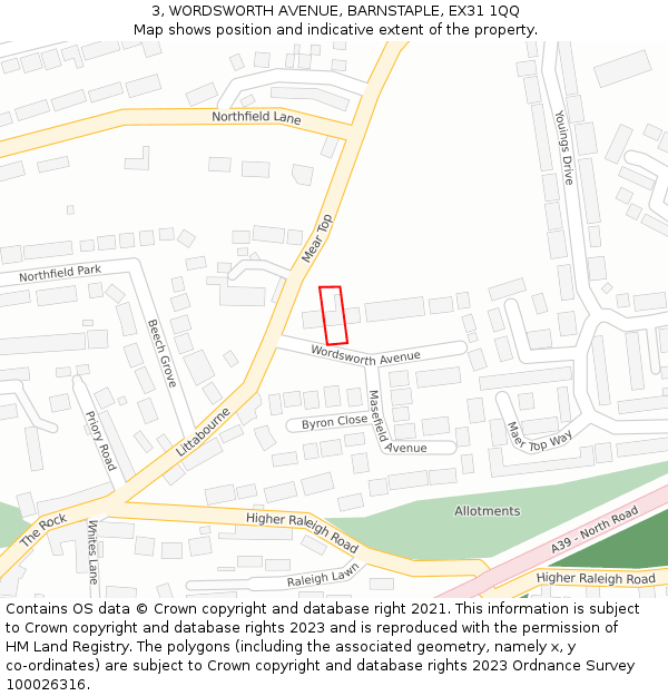 3, WORDSWORTH AVENUE, BARNSTAPLE, EX31 1QQ: Location map and indicative extent of plot