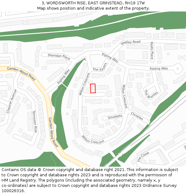 3, WORDSWORTH RISE, EAST GRINSTEAD, RH19 1TW: Location map and indicative extent of plot