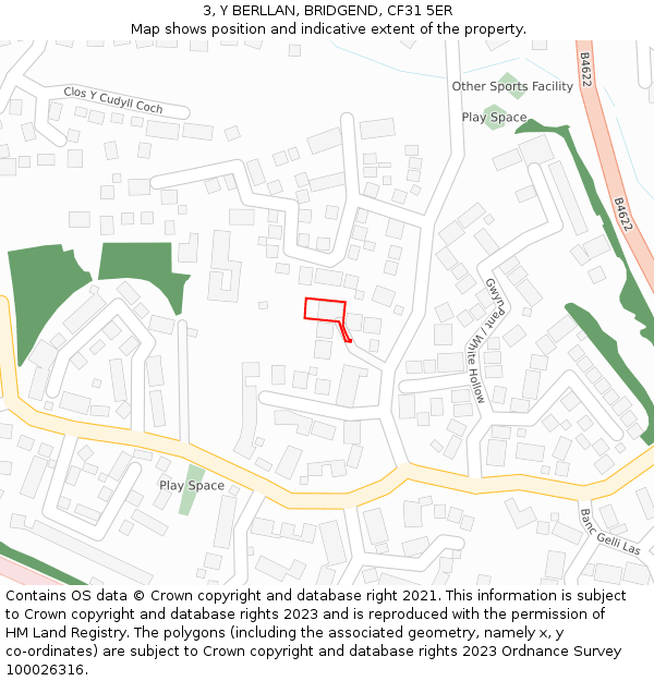 3, Y BERLLAN, BRIDGEND, CF31 5ER: Location map and indicative extent of plot