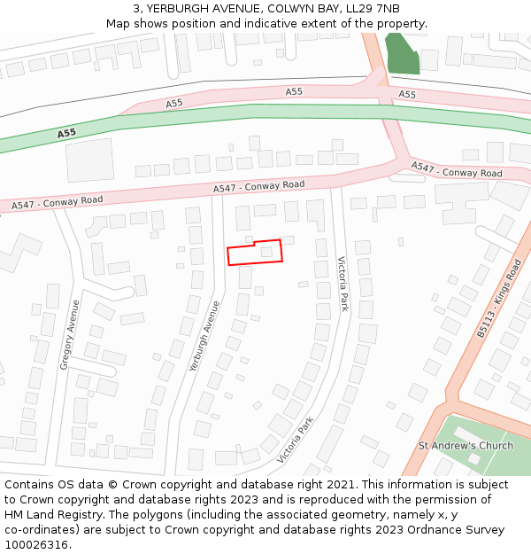 3, YERBURGH AVENUE, COLWYN BAY, LL29 7NB: Location map and indicative extent of plot