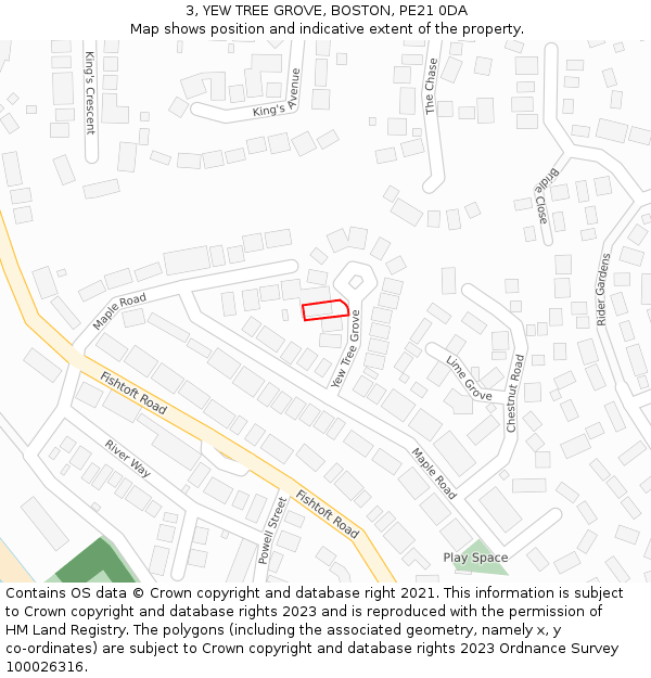 3, YEW TREE GROVE, BOSTON, PE21 0DA: Location map and indicative extent of plot