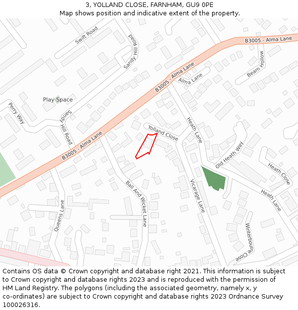 3, YOLLAND CLOSE, FARNHAM, GU9 0PE: Location map and indicative extent of plot