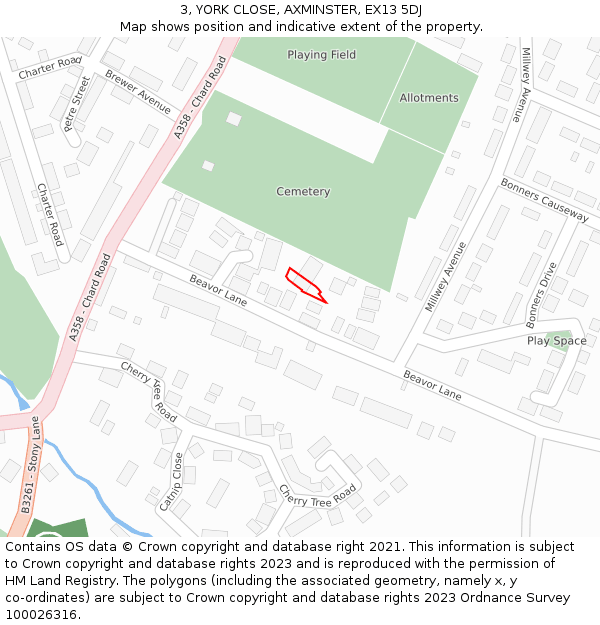 3, YORK CLOSE, AXMINSTER, EX13 5DJ: Location map and indicative extent of plot