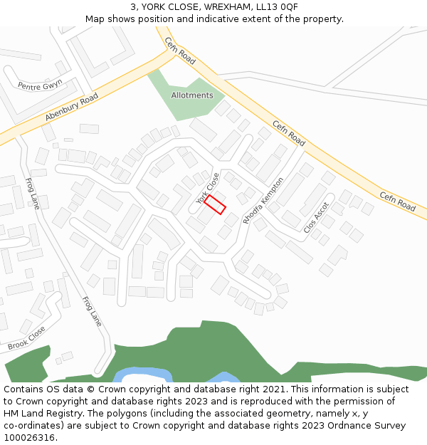 3, YORK CLOSE, WREXHAM, LL13 0QF: Location map and indicative extent of plot