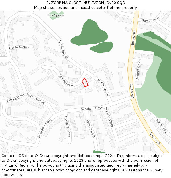 3, ZORRINA CLOSE, NUNEATON, CV10 9QD: Location map and indicative extent of plot