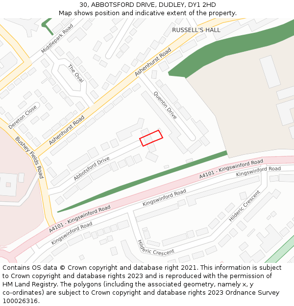 30, ABBOTSFORD DRIVE, DUDLEY, DY1 2HD: Location map and indicative extent of plot