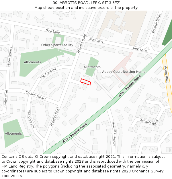 30, ABBOTTS ROAD, LEEK, ST13 6EZ: Location map and indicative extent of plot