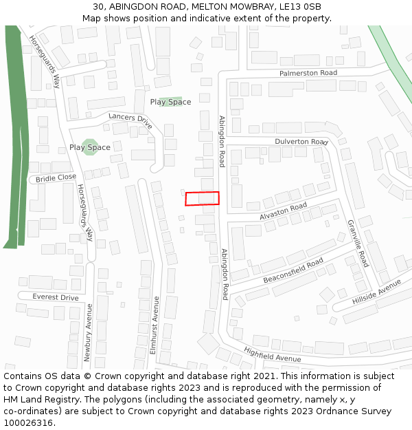30, ABINGDON ROAD, MELTON MOWBRAY, LE13 0SB: Location map and indicative extent of plot