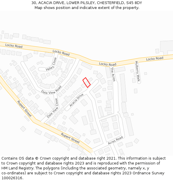 30, ACACIA DRIVE, LOWER PILSLEY, CHESTERFIELD, S45 8DY: Location map and indicative extent of plot