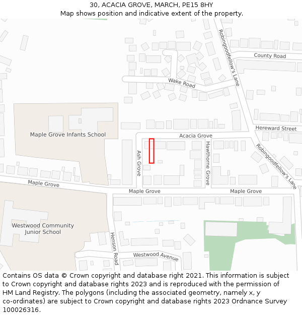 30, ACACIA GROVE, MARCH, PE15 8HY: Location map and indicative extent of plot