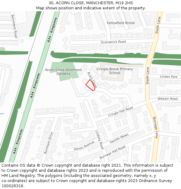 30, ACORN CLOSE, MANCHESTER, M19 2HS: Location map and indicative extent of plot