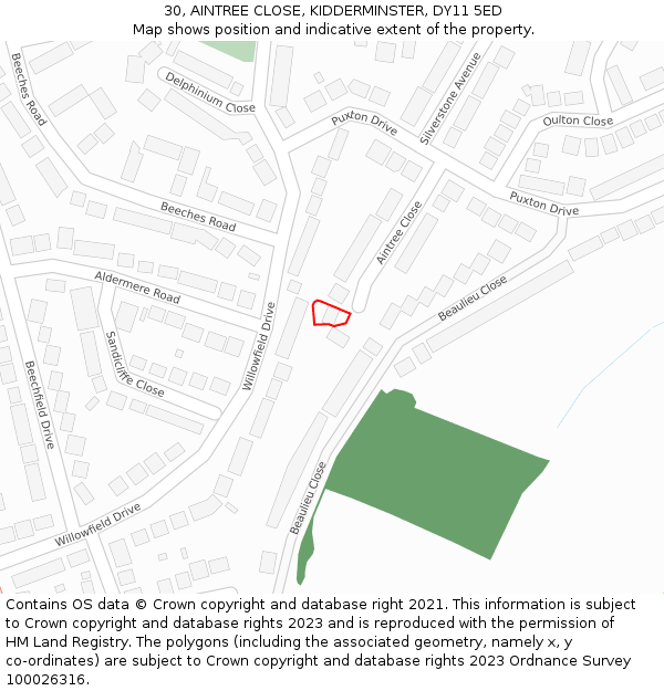 30, AINTREE CLOSE, KIDDERMINSTER, DY11 5ED: Location map and indicative extent of plot