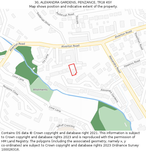 30, ALEXANDRA GARDENS, PENZANCE, TR18 4SY: Location map and indicative extent of plot