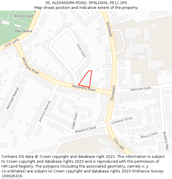 30, ALEXANDRA ROAD, SPALDING, PE11 2PX: Location map and indicative extent of plot