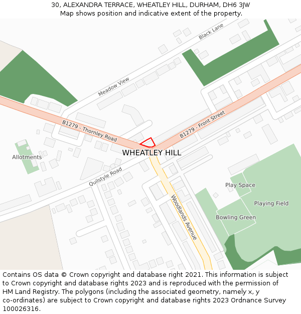 30, ALEXANDRA TERRACE, WHEATLEY HILL, DURHAM, DH6 3JW: Location map and indicative extent of plot