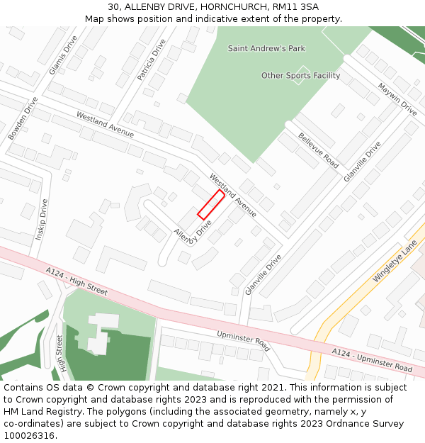 30, ALLENBY DRIVE, HORNCHURCH, RM11 3SA: Location map and indicative extent of plot