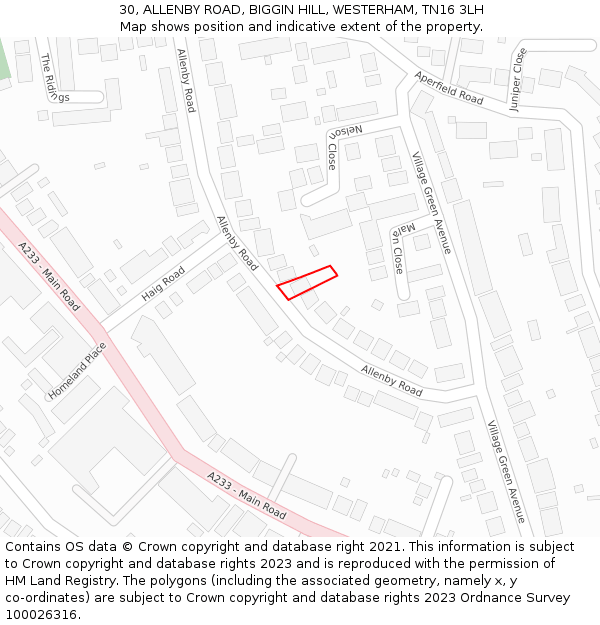 30, ALLENBY ROAD, BIGGIN HILL, WESTERHAM, TN16 3LH: Location map and indicative extent of plot