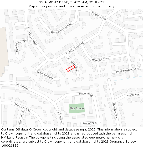 30, ALMOND DRIVE, THATCHAM, RG18 4DZ: Location map and indicative extent of plot