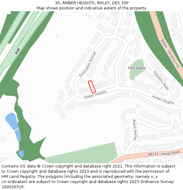 30, AMBER HEIGHTS, RIPLEY, DE5 3SP: Location map and indicative extent of plot