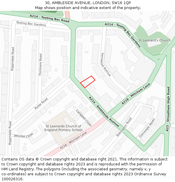 30, AMBLESIDE AVENUE, LONDON, SW16 1QP: Location map and indicative extent of plot