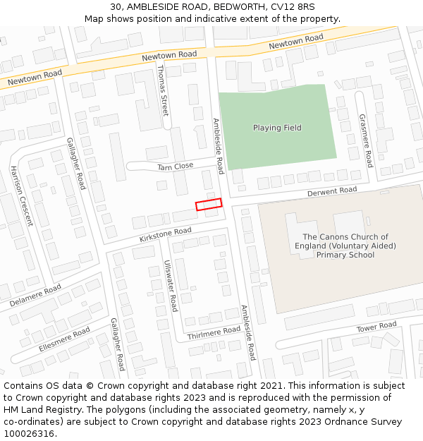 30, AMBLESIDE ROAD, BEDWORTH, CV12 8RS: Location map and indicative extent of plot