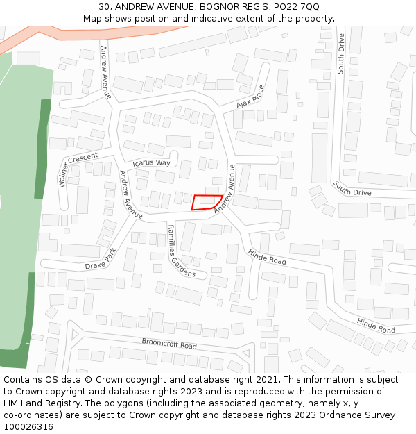 30, ANDREW AVENUE, BOGNOR REGIS, PO22 7QQ: Location map and indicative extent of plot