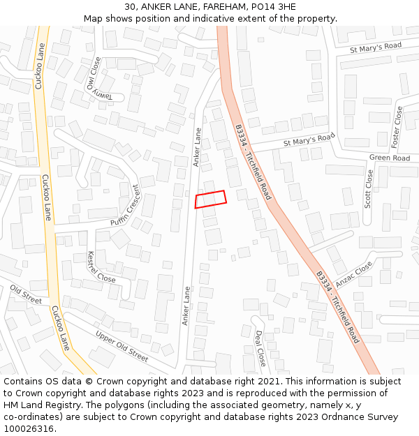 30, ANKER LANE, FAREHAM, PO14 3HE: Location map and indicative extent of plot