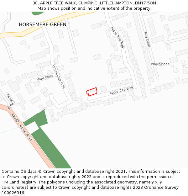 30, APPLE TREE WALK, CLIMPING, LITTLEHAMPTON, BN17 5QN: Location map and indicative extent of plot