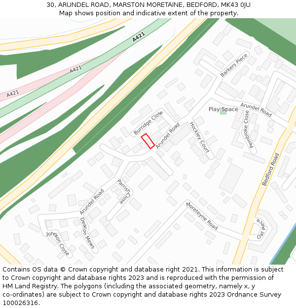 30, ARUNDEL ROAD, MARSTON MORETAINE, BEDFORD, MK43 0JU: Location map and indicative extent of plot