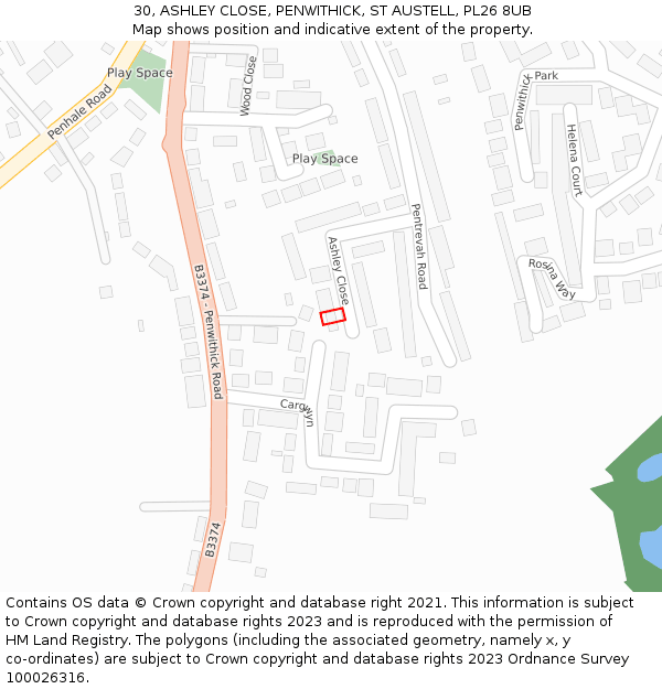 30, ASHLEY CLOSE, PENWITHICK, ST AUSTELL, PL26 8UB: Location map and indicative extent of plot