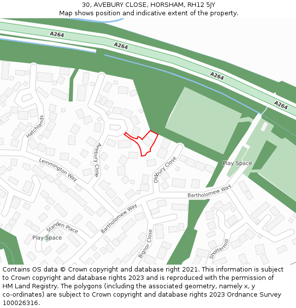 30, AVEBURY CLOSE, HORSHAM, RH12 5JY: Location map and indicative extent of plot