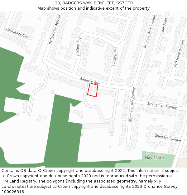 30, BADGERS WAY, BENFLEET, SS7 1TR: Location map and indicative extent of plot