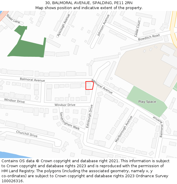 30, BALMORAL AVENUE, SPALDING, PE11 2RN: Location map and indicative extent of plot