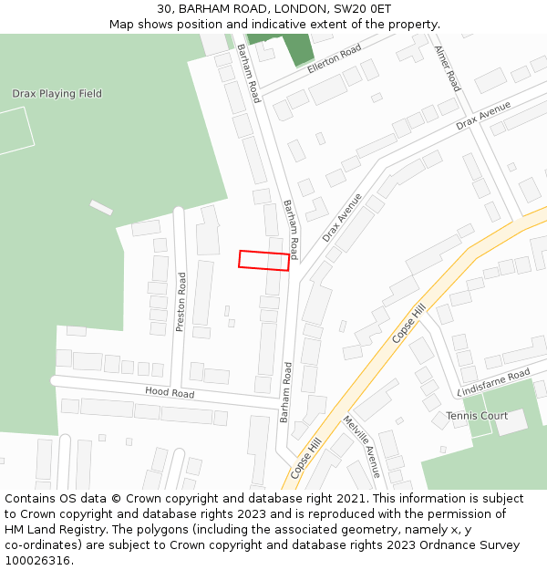 30, BARHAM ROAD, LONDON, SW20 0ET: Location map and indicative extent of plot