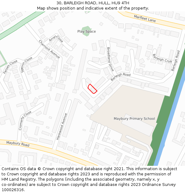 30, BARLEIGH ROAD, HULL, HU9 4TH: Location map and indicative extent of plot