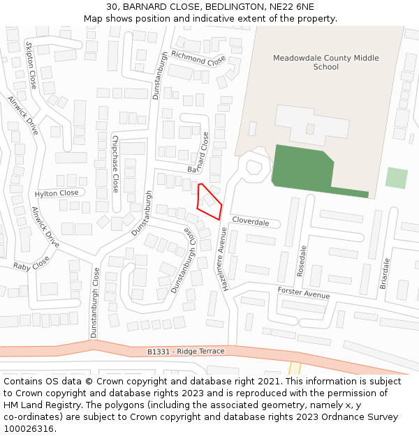 30, BARNARD CLOSE, BEDLINGTON, NE22 6NE: Location map and indicative extent of plot