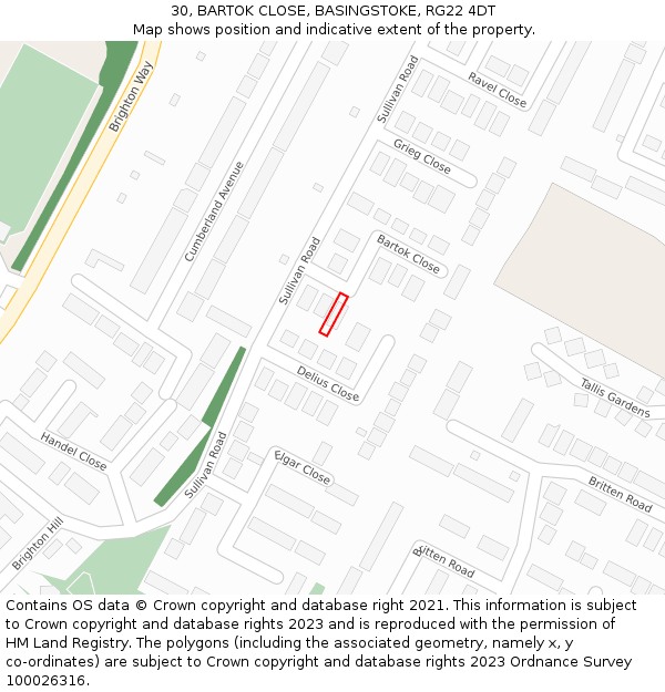 30, BARTOK CLOSE, BASINGSTOKE, RG22 4DT: Location map and indicative extent of plot